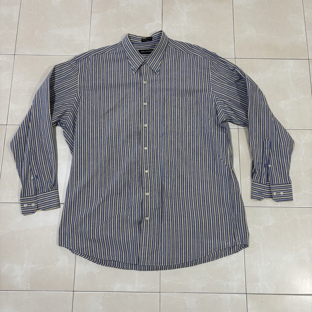 Vintage Britches Striped Button Down Oxford Dress Shirt Blue Yellow Men's 2XL